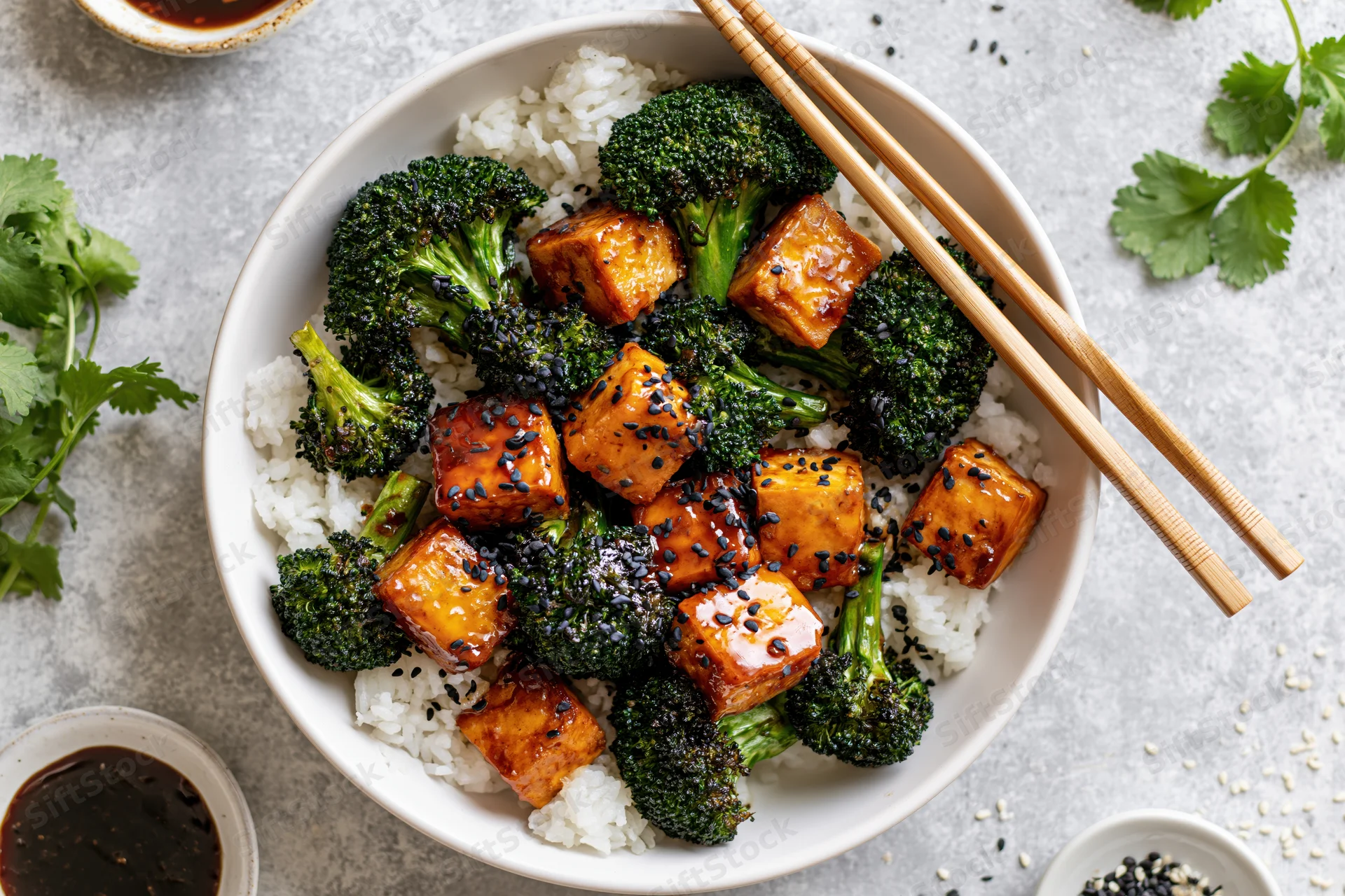 Teriyaki tofu cubes with broccoli and rice in a white ceramic bowl, garnished with sesame seeds and cilantro, chopsticks resting on the rim, overhead view on a gray surface