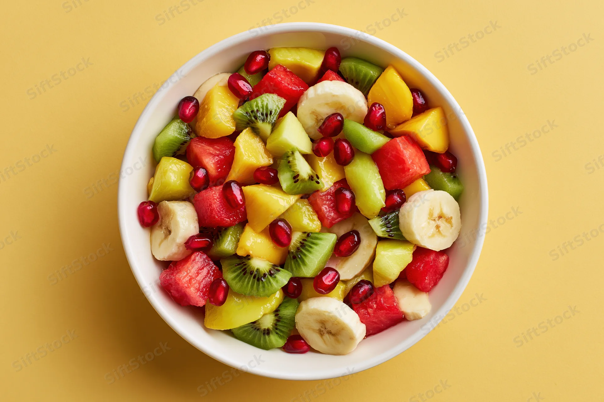 Mixed fruit salad in a white ceramic bowl on yellow background