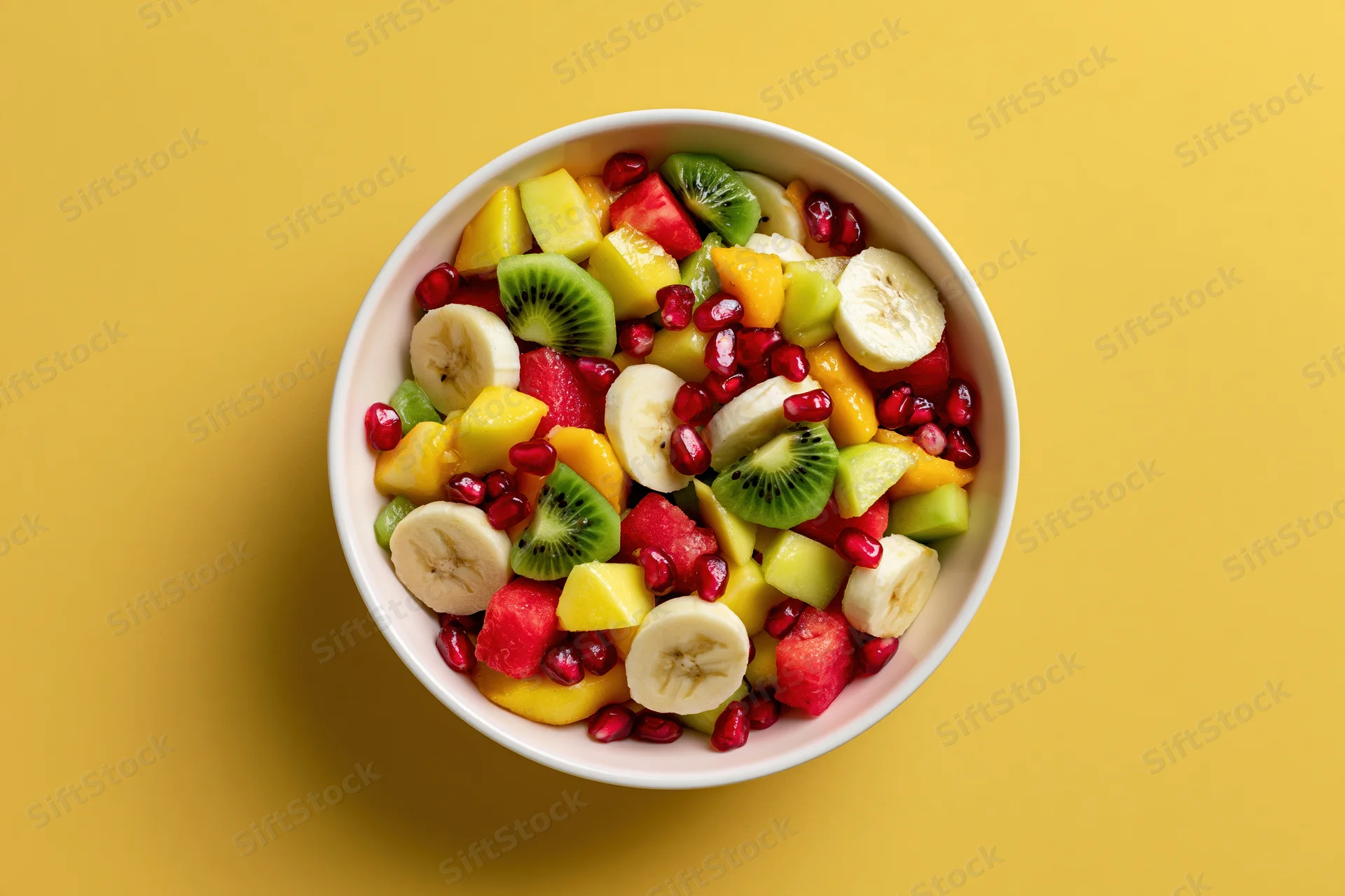 Mixed fruit salad in a white ceramic bowl on yellow background