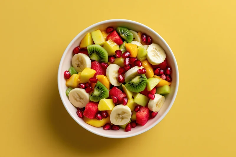 Mixed fruit salad in a white ceramic bowl on yellow background
