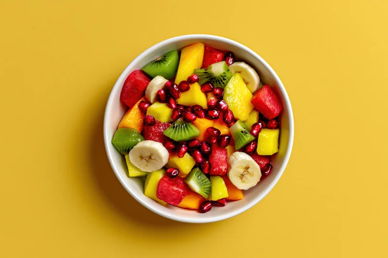 Mixed fruit salad in a white ceramic bowl on yellow background