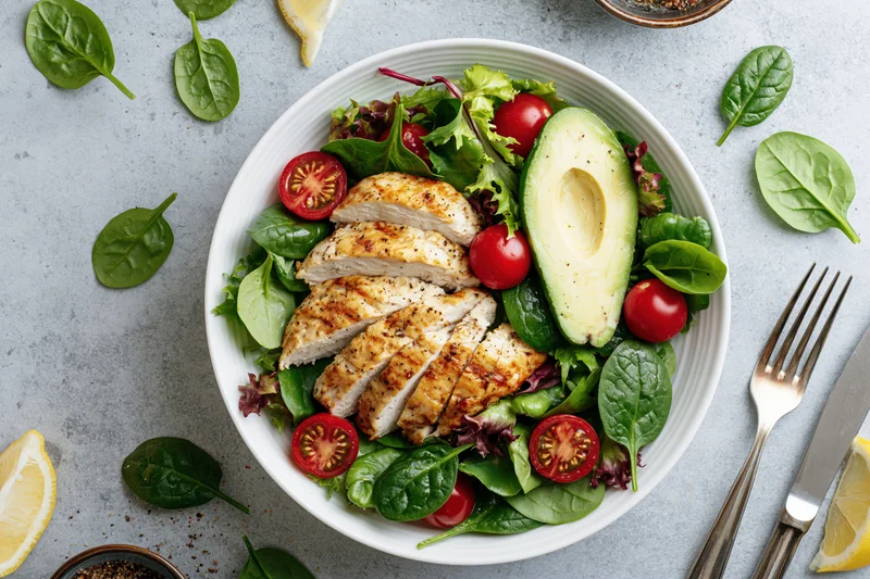 Grilled chicken salad with avocado and tomatoes in a white ceramic bowl on a gray surface