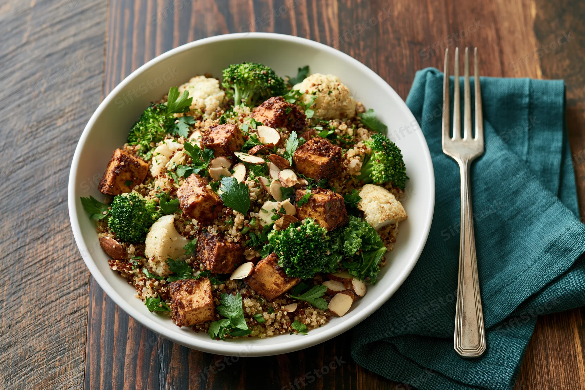 White ceramic bowl filled with spiced roasted tofu cubes, quinoa, broccoli, cauliflower, and almonds on dark wooden table with fork and teal napkin