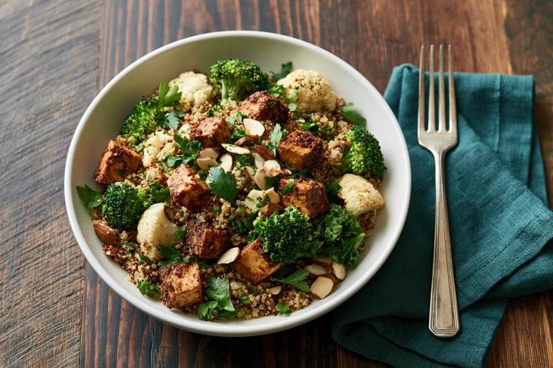 White ceramic bowl filled with spiced roasted tofu cubes, quinoa, broccoli, cauliflower, and almonds on dark wooden table with fork and teal napkin