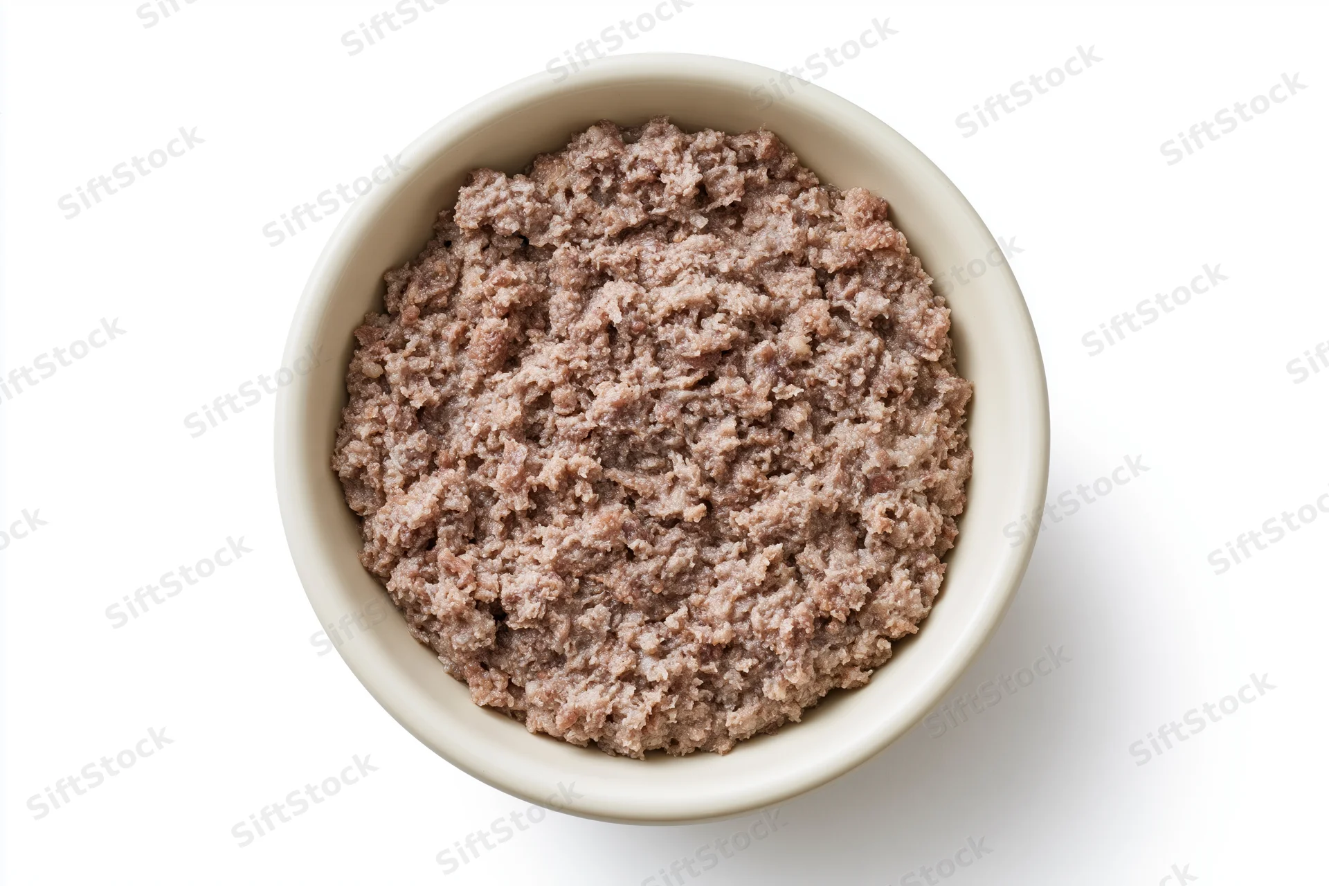 Wet canned dog food in a white ceramic bowl viewed from above