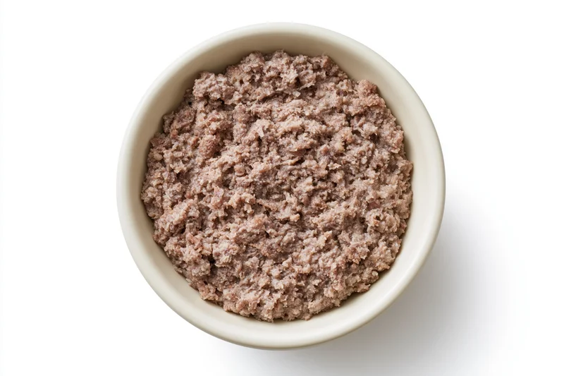 Wet canned dog food in a white ceramic bowl viewed from above