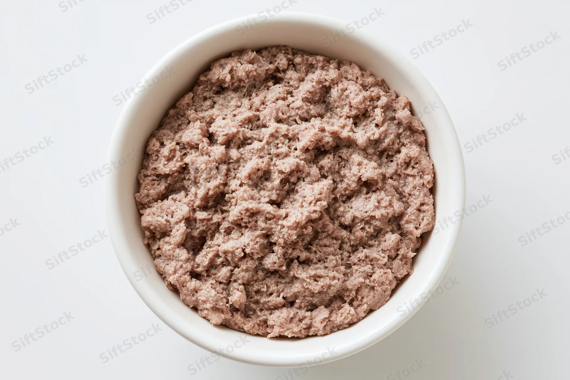 Wet canned dog food in a white ceramic bowl viewed from above