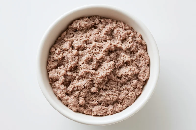 Wet canned dog food in a white ceramic bowl viewed from above