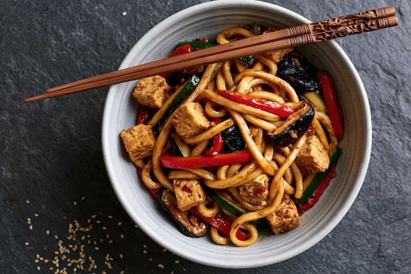 Udon noodles stir-fried with tofu cubes and vegetables in a white ceramic bowl with wooden chopsticks on a dark slate surface