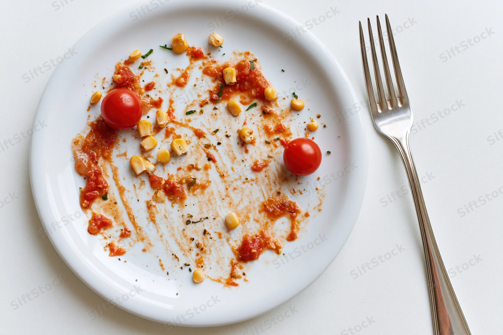 Empty white ceramic plate with tomato sauce and corn remnants beside a fork on a white tablecloth