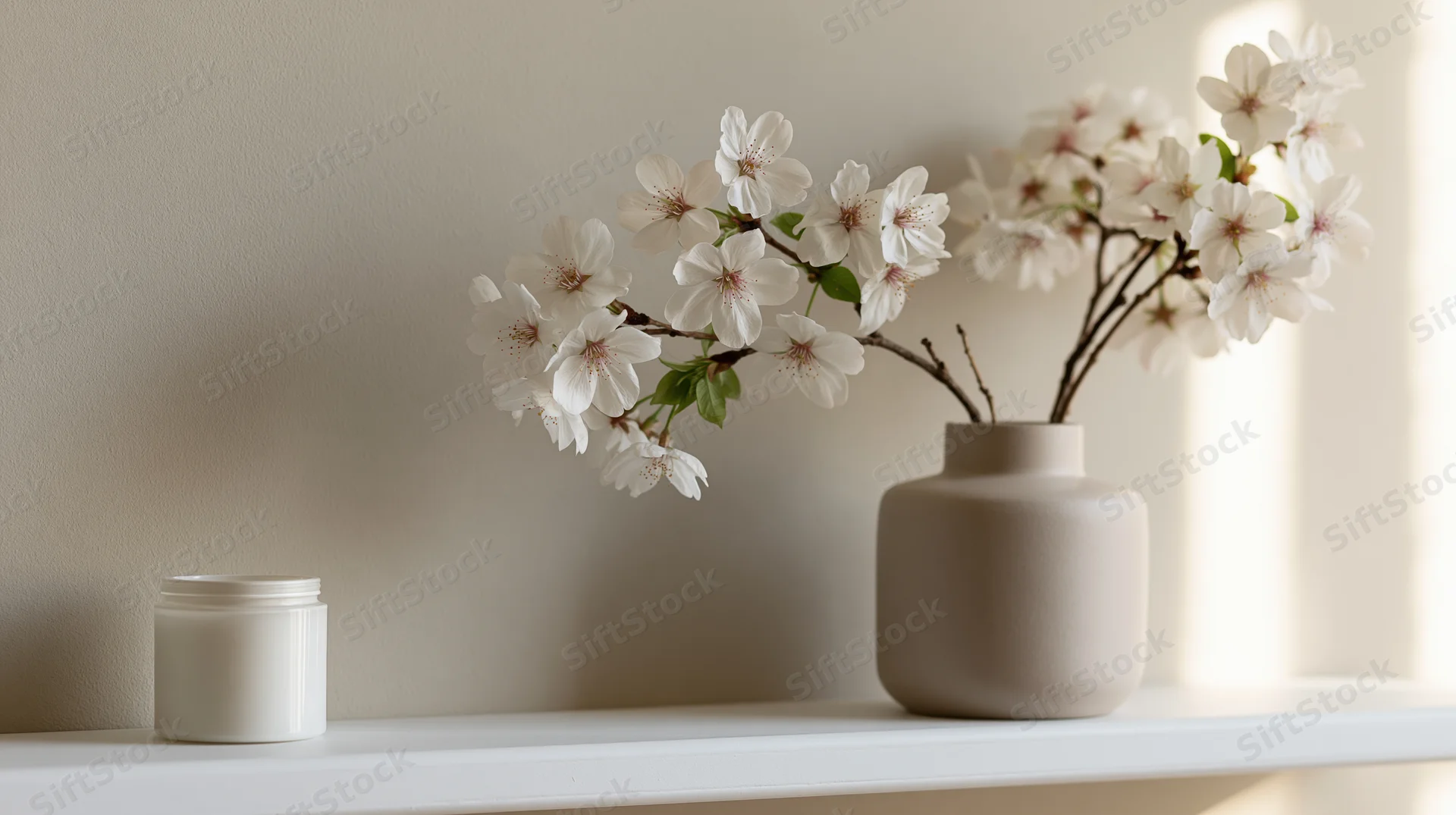 White cherry blossom branches in a matte ceramic vase on a shelf