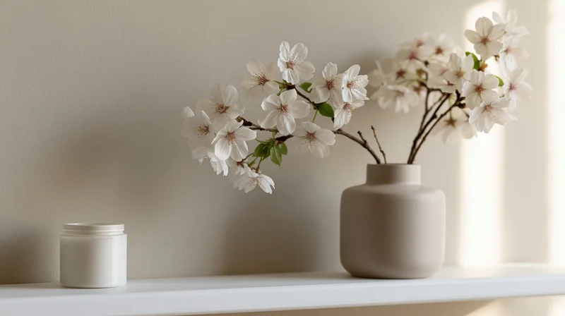 White cherry blossom branches in a matte ceramic vase on a shelf
