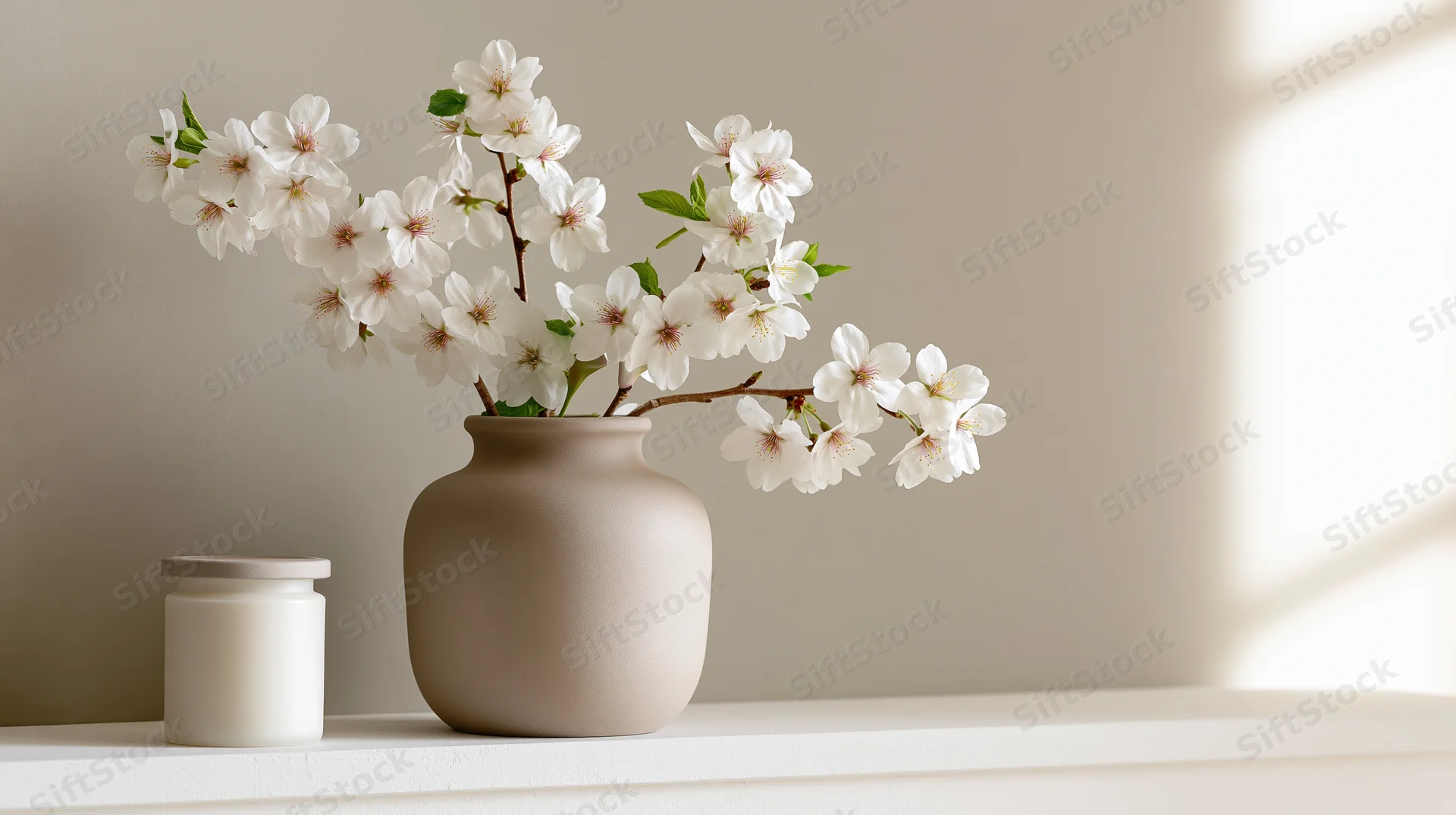 White cherry blossom branches in a matte ceramic vase on a shelf with soft natural light
