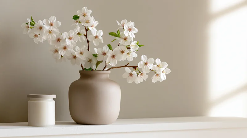 White cherry blossom branches in a matte ceramic vase on a shelf with soft natural light