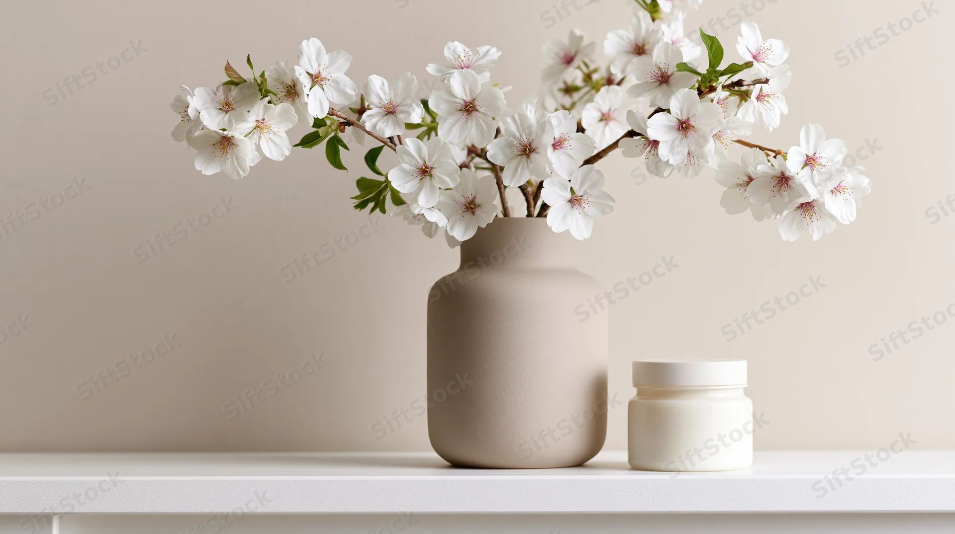 White cherry blossom branches in a matte ceramic vase on a white shelf beside a small cream jar