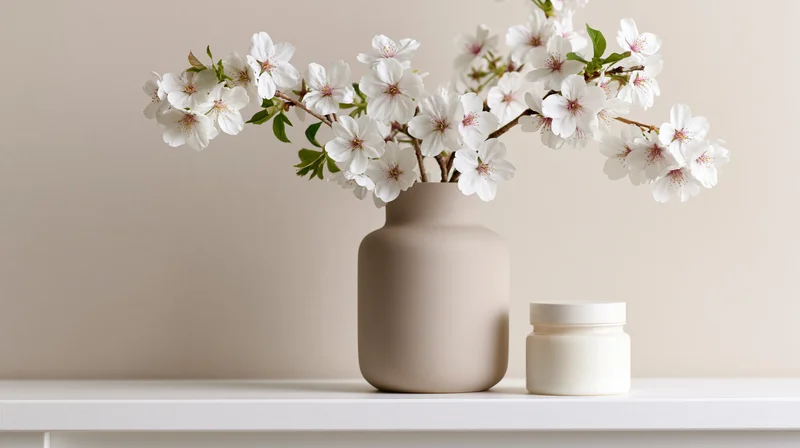 White cherry blossom branches in a matte ceramic vase on a white shelf beside a small cream jar
