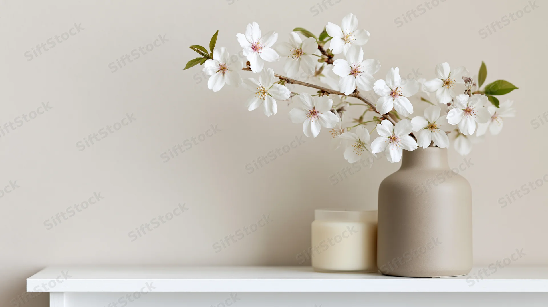 Cherry blossom branches in a matte ceramic vase on a white shelf with a candle beside it