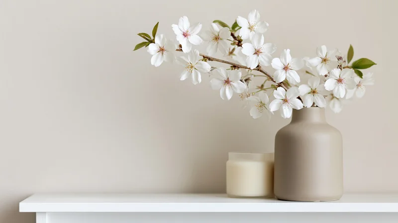 Cherry blossom branches in a matte ceramic vase on a white shelf with a candle beside it