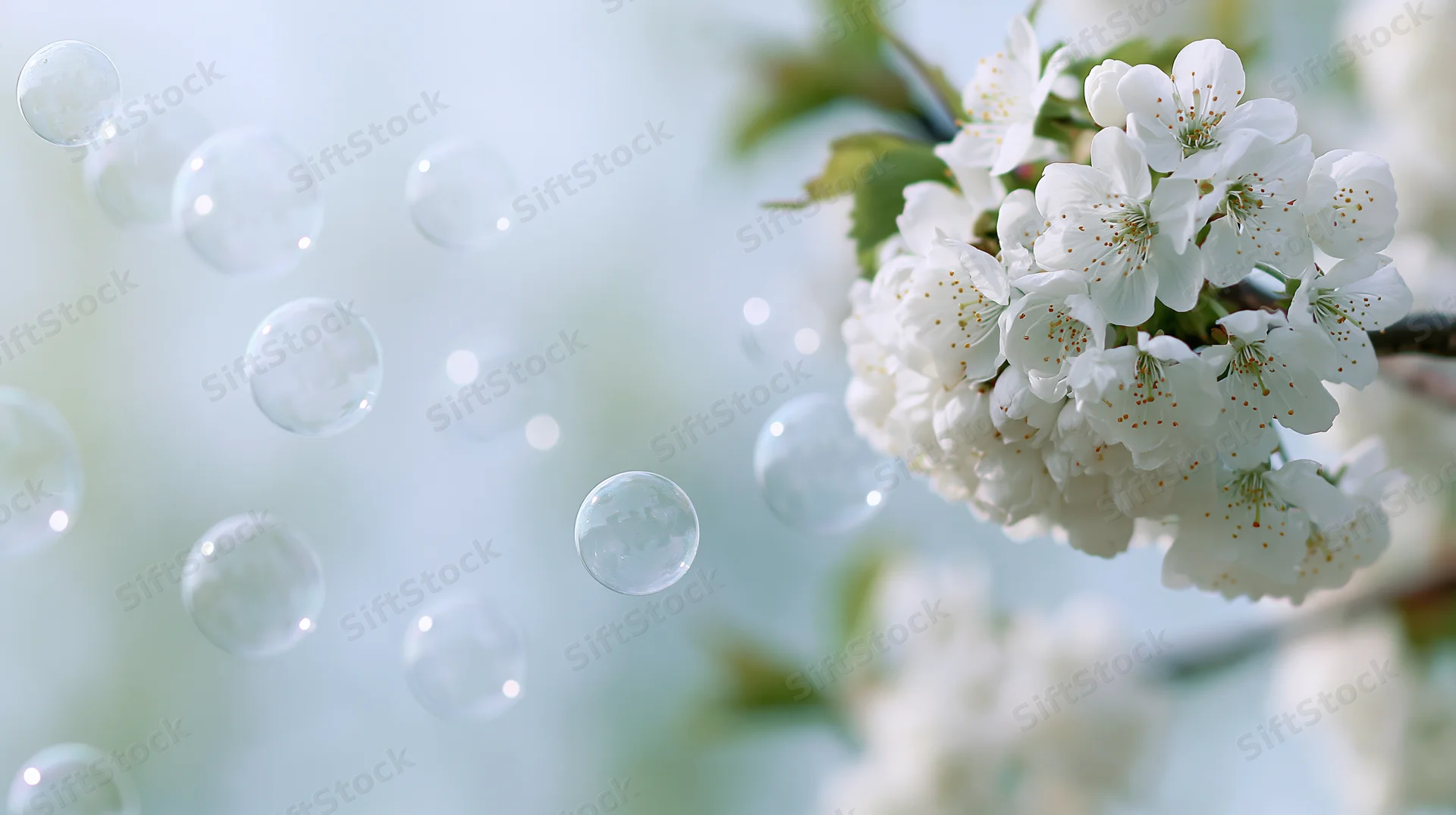 White cherry blossoms blooming on a branch with floating bubbles in soft daylight