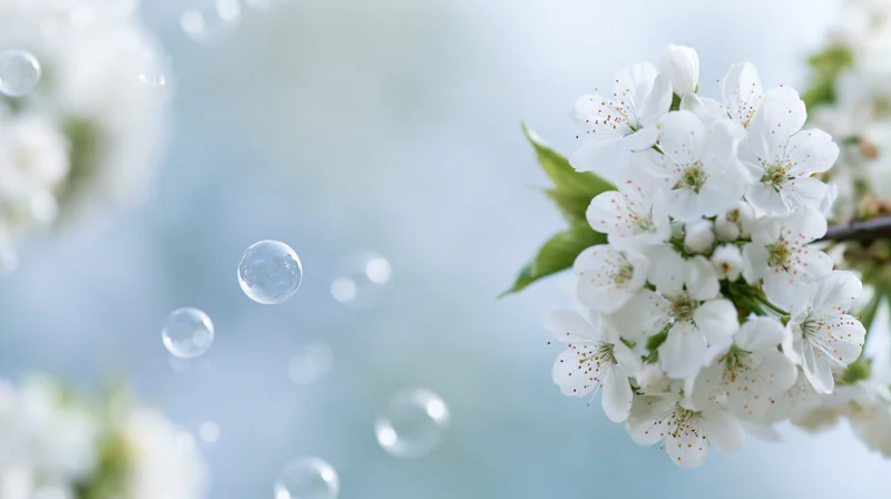 White cherry blossoms blooming on a branch with floating bubbles against a soft blue background