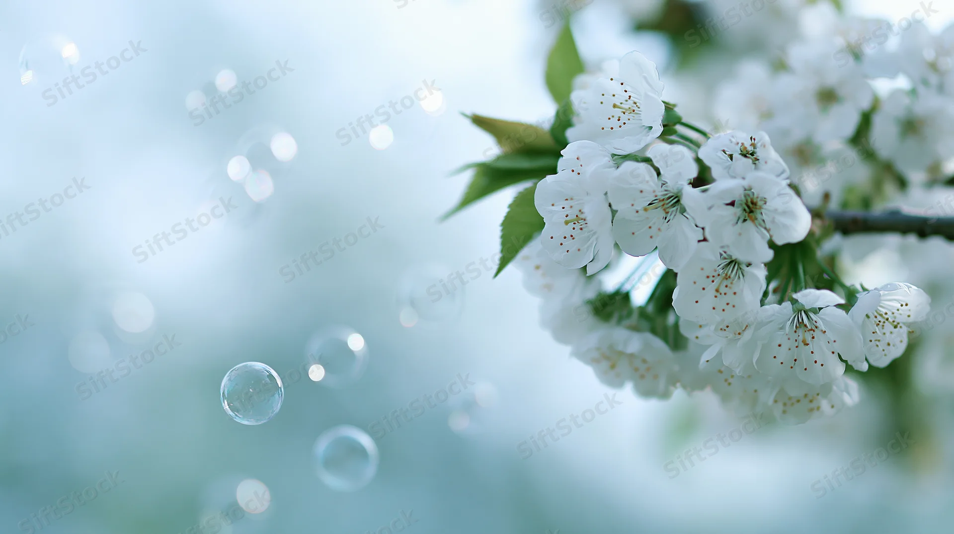 White cherry blossoms blooming on a branch with soft bokeh background and floating bubbles