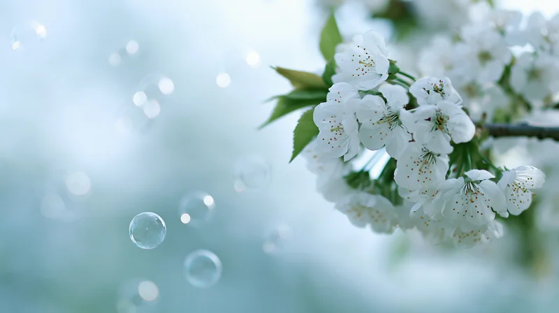 White cherry blossoms blooming on a branch with soft bokeh background and floating bubbles