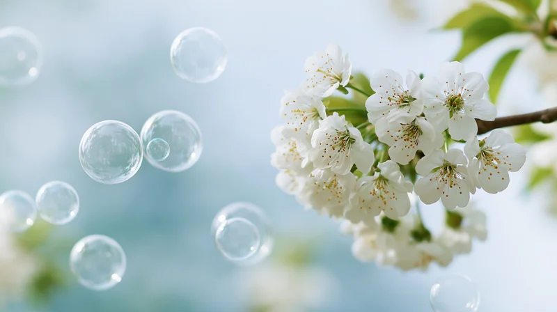 White cherry blossoms blooming on a branch with floating bubbles against a soft blue sky