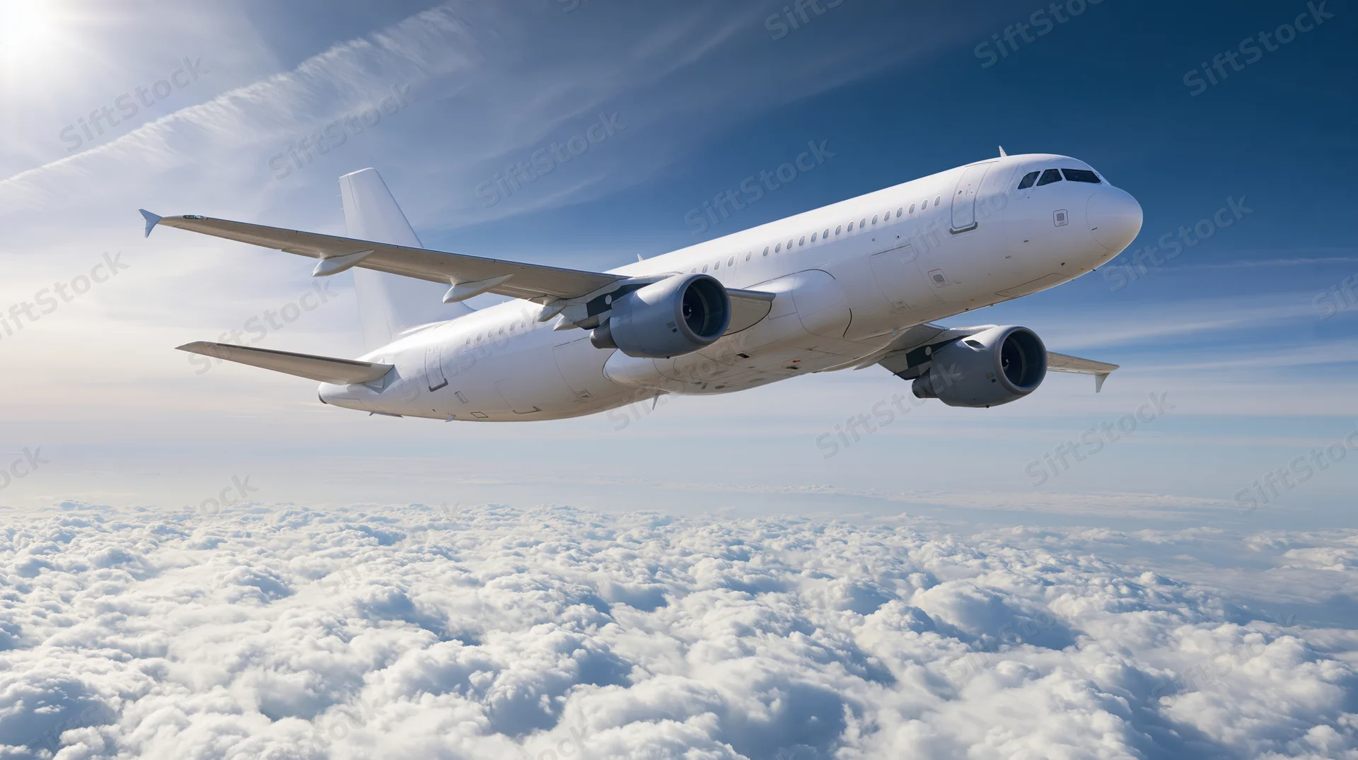 White commercial passenger jet cruising above clouds in clear blue sky