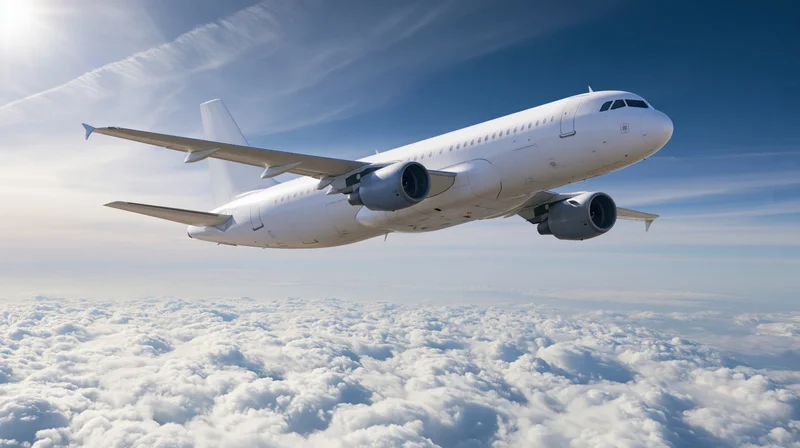 White commercial passenger jet cruising above clouds in clear blue sky