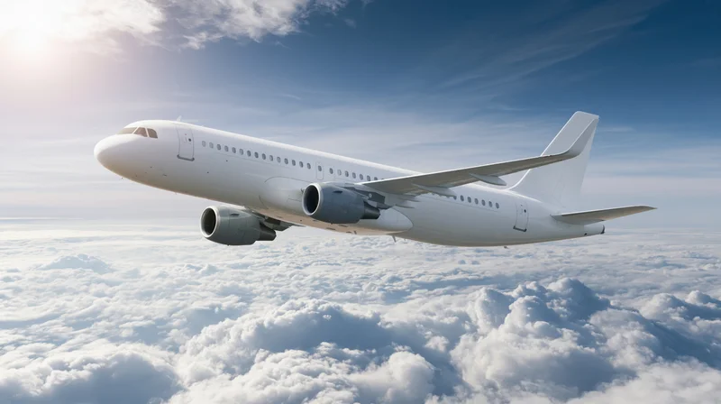 White commercial passenger jet cruising above clouds in clear blue sky
