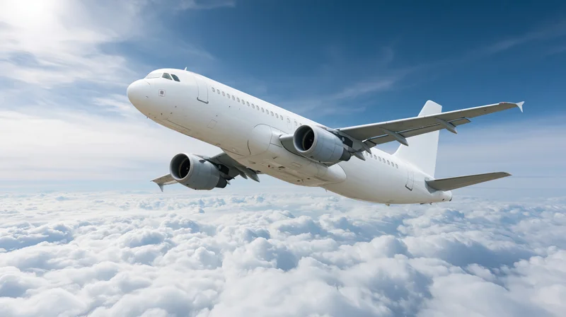 White commercial passenger jet cruising above clouds in clear blue sky