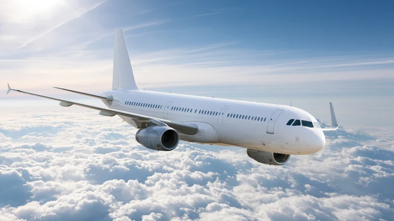 White commercial passenger jet cruising above clouds in clear sky
