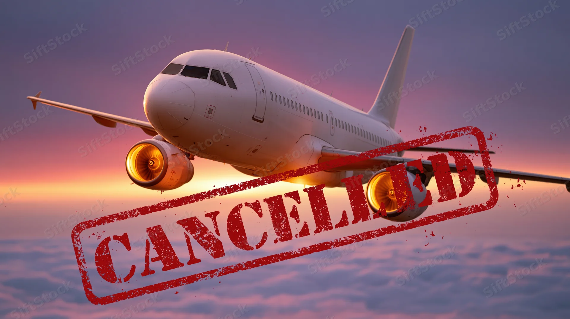White commercial airplane flying above clouds at sunset with red canceled stamp overlay