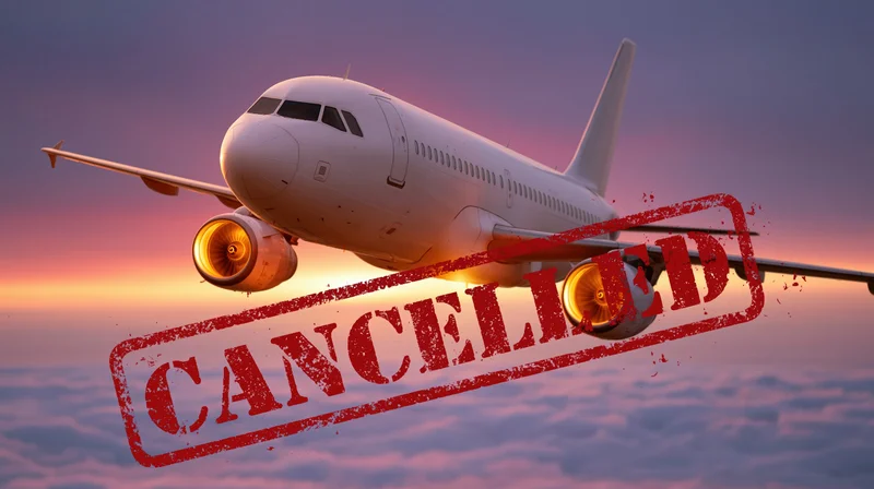 White commercial airplane flying above clouds at sunset with red canceled stamp overlay