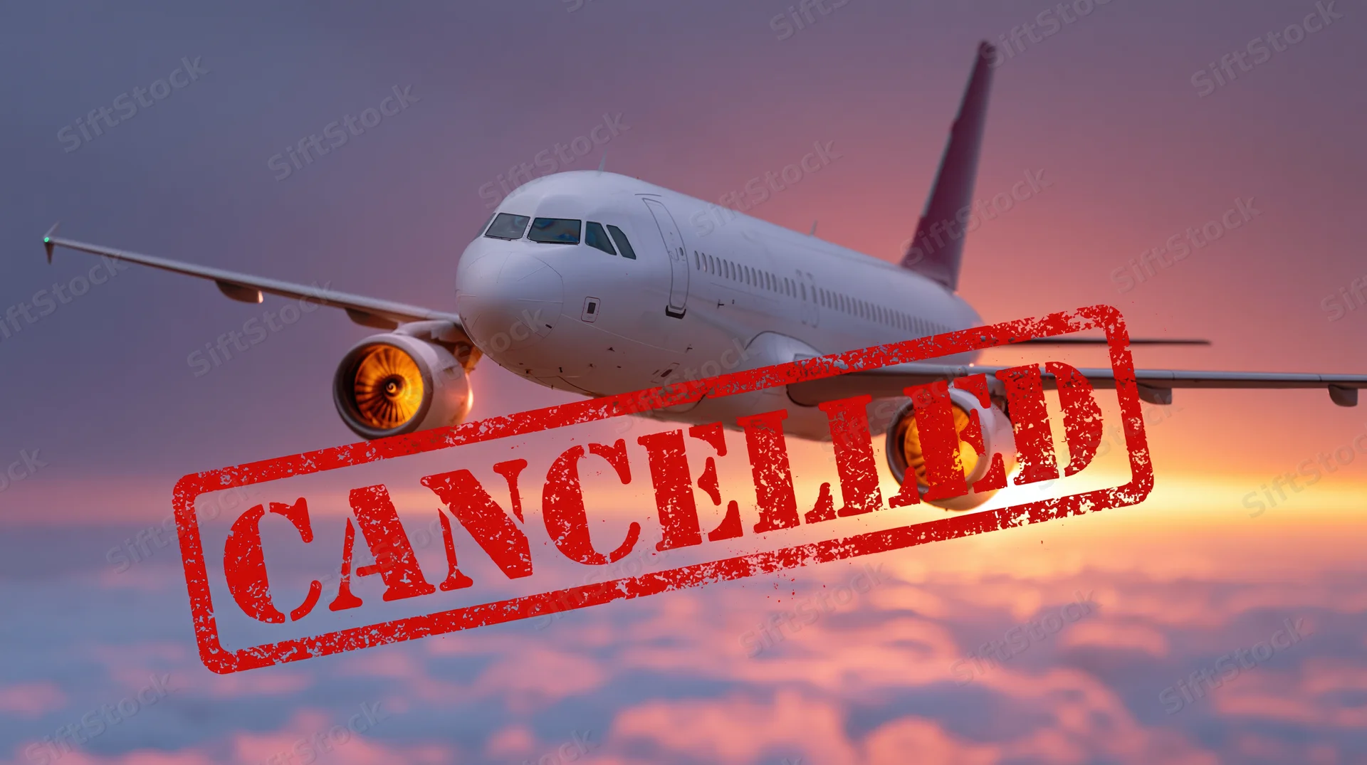 White commercial passenger jet flying above clouds at sunset with red cancelled stamp overlay