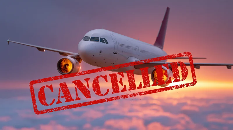 White commercial passenger jet flying above clouds at sunset with red cancelled stamp overlay