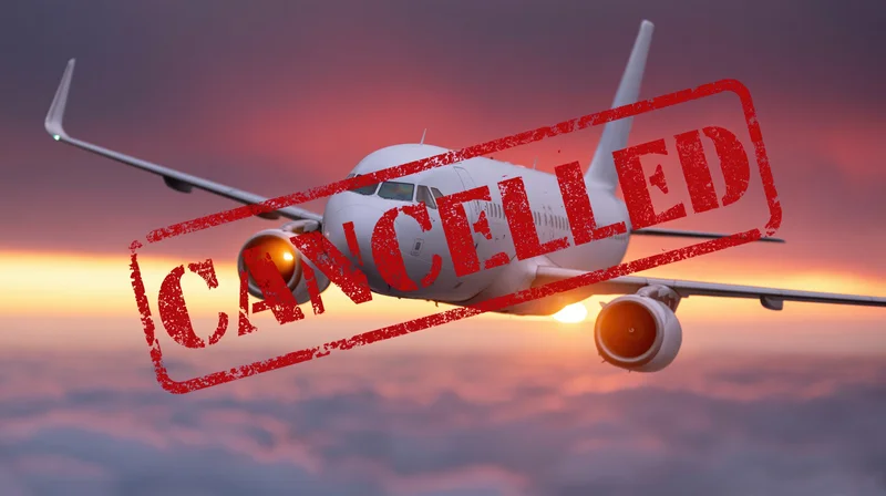 White commercial passenger jet flying above clouds at sunset with red cancelled stamp overlay