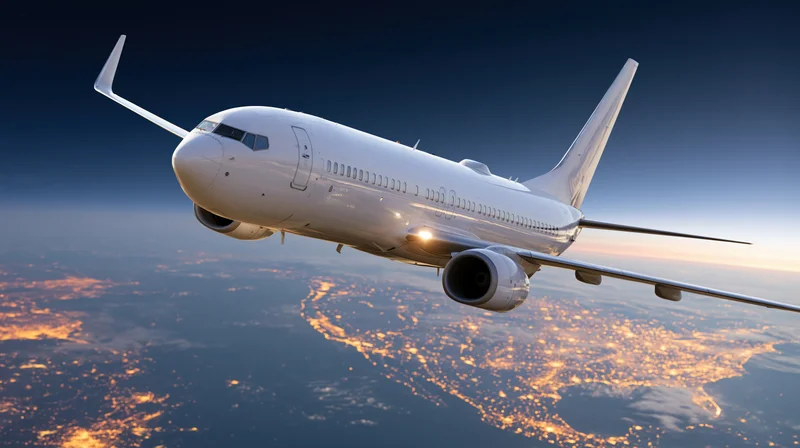 White commercial passenger jet flying at altitude above illuminated cityscape at twilight