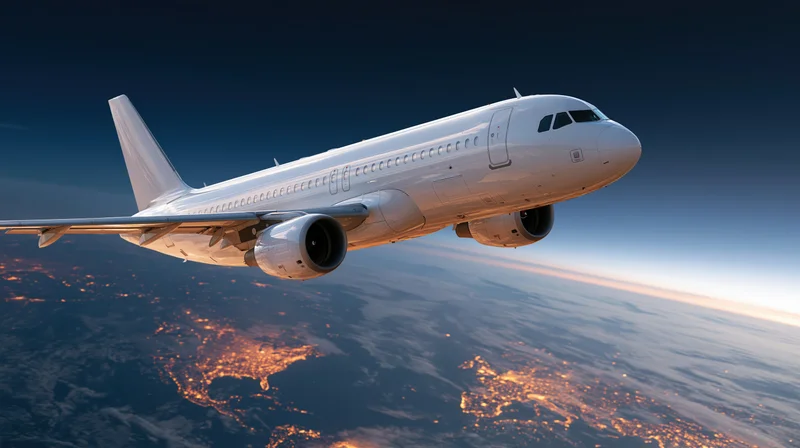 White commercial passenger jet flying at altitude above illuminated earth at twilight