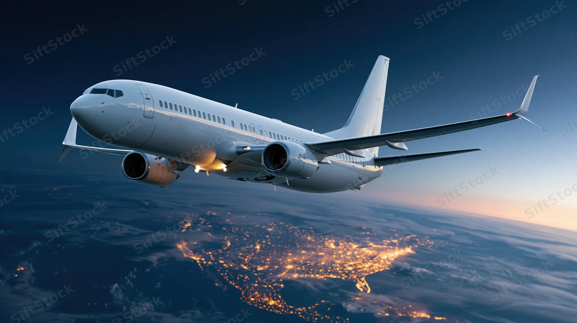 White commercial jet flying at altitude above illuminated cityscape at twilight
