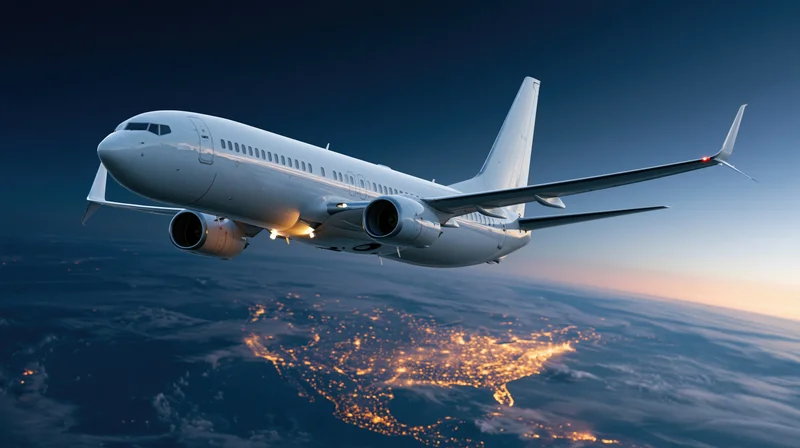White commercial jet flying at altitude above illuminated cityscape at twilight
