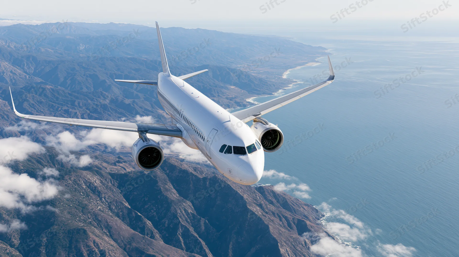 White commercial passenger jet flying at cruise altitude above mountains and coastline