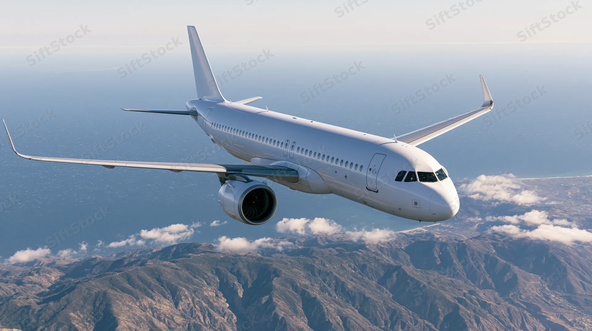 White commercial passenger jet flying at cruise altitude above mountains and clouds