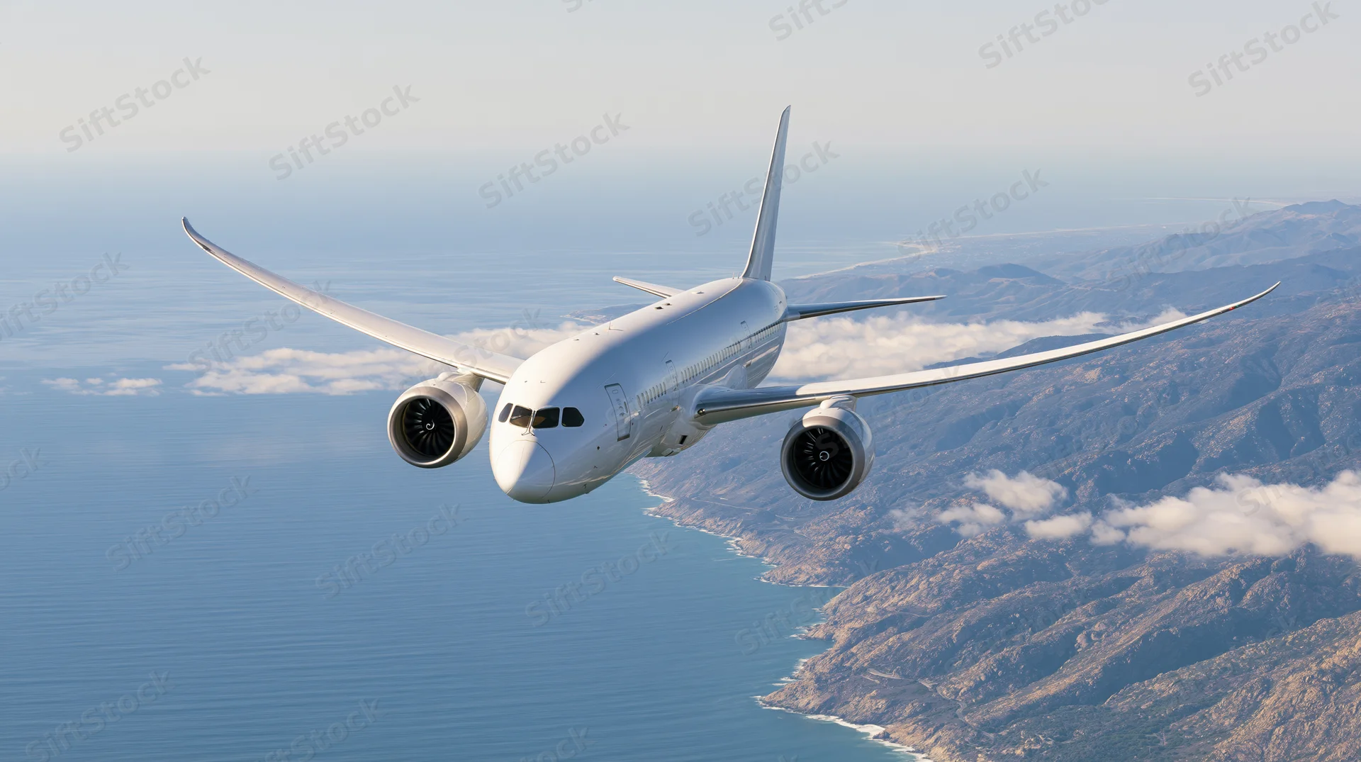 White commercial passenger jet flying at cruise altitude above ocean and mountain coastline