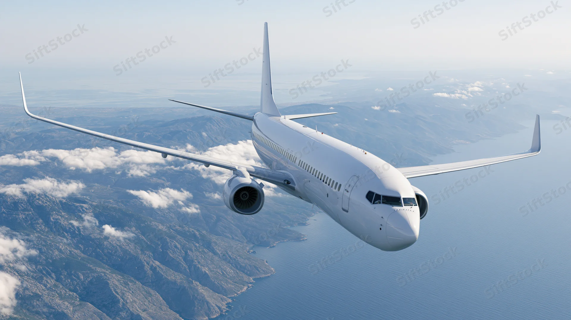 White commercial passenger jet flying at cruise altitude above mountains and ocean