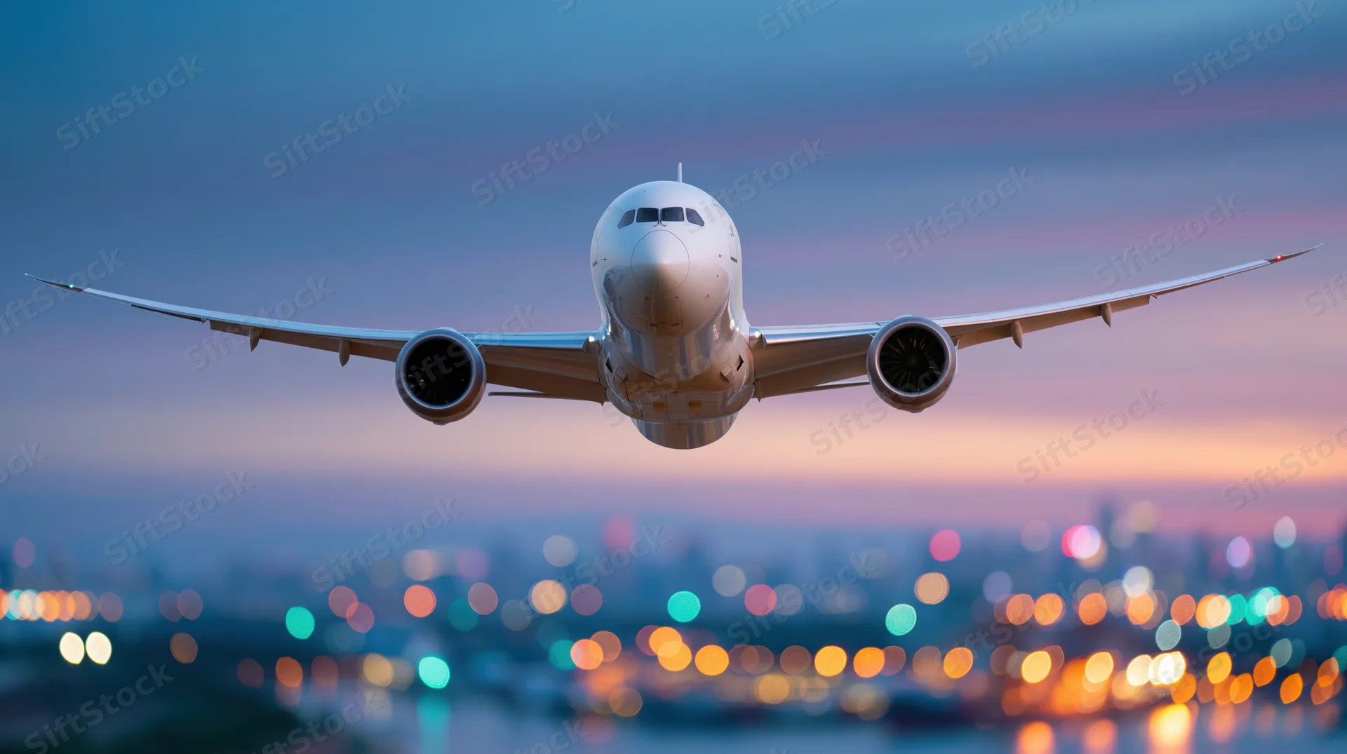 White commercial passenger jet approaching for landing head-on over city lights at dusk
