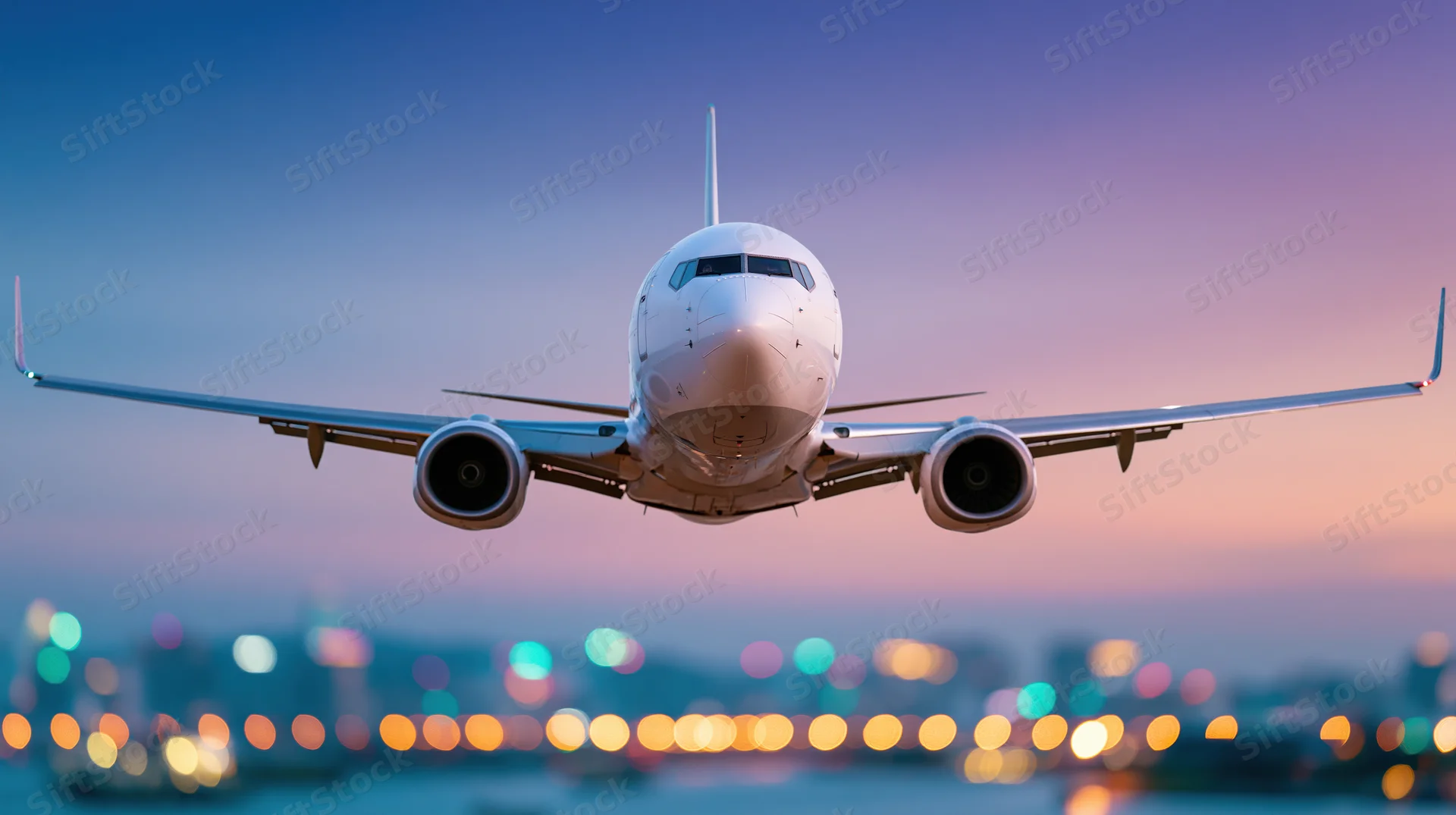 White commercial passenger jet approaching for landing with city lights blurred below at dusk