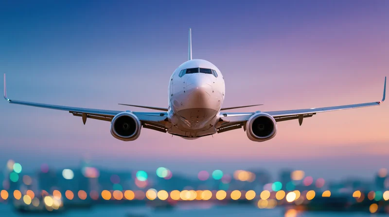 White commercial passenger jet approaching for landing with city lights blurred below at dusk