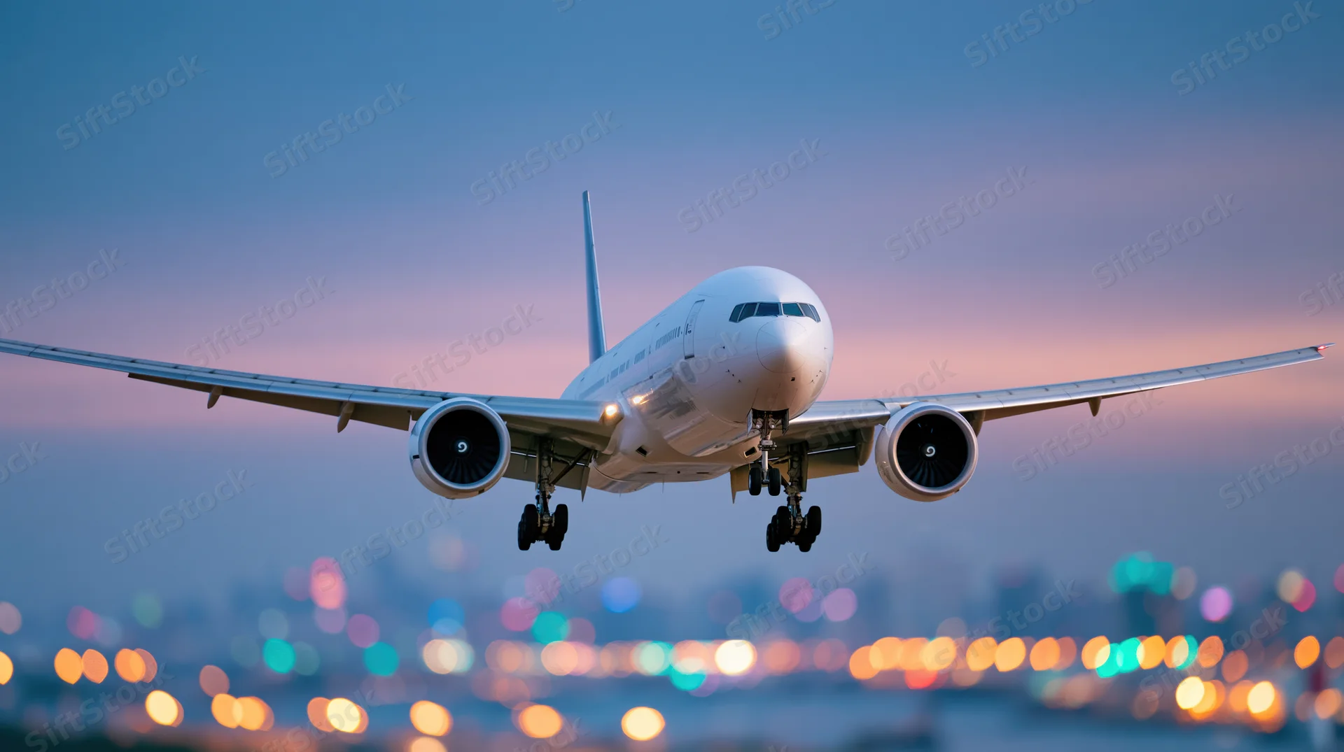 White commercial jet approaching for landing with city lights blurred in background at dusk