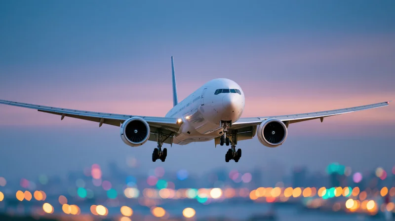 White commercial jet approaching for landing with city lights blurred in background at dusk